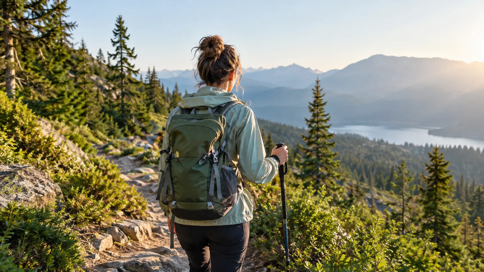 Hiker seen from behind with a daypack, a day backpack hiking scene on a forest trail