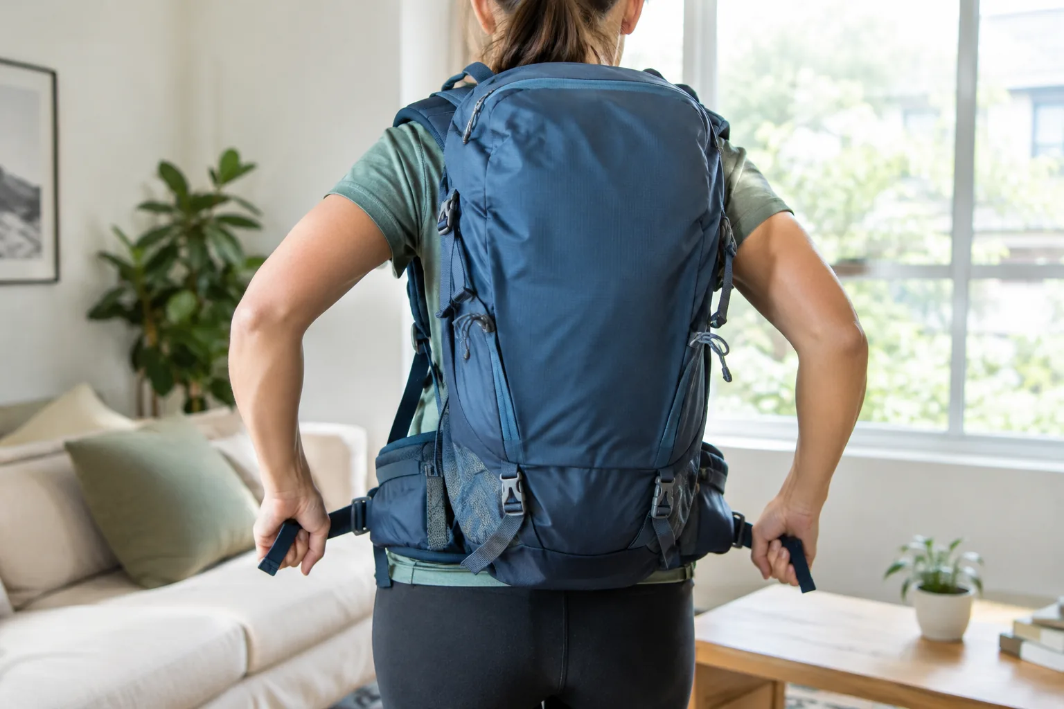 Hands tightening the hipbelt of a daypack during a fit check at home