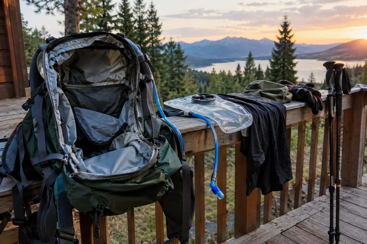 Open daypack and gear airing out on a porch after a hike