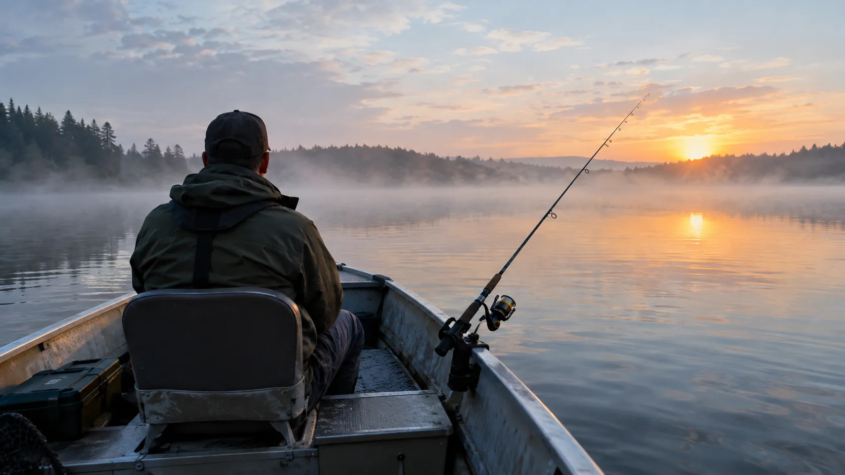 Angler fish finder fishing from a small boat at sunrise, screen on the seat