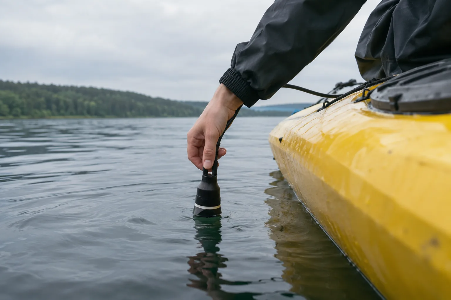 Hand lowering a compact transducer into the water before fish finder fishing from a kayak