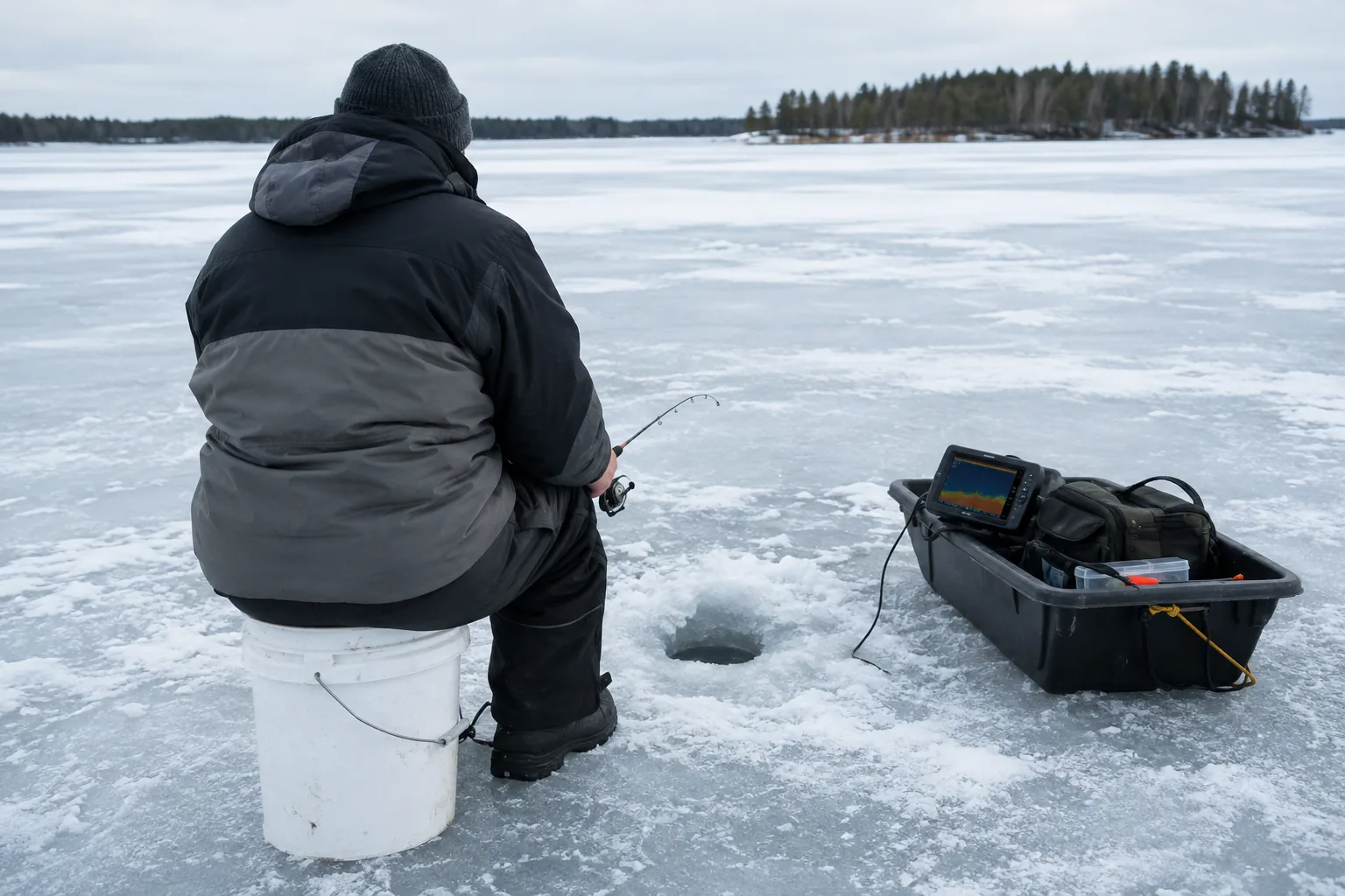 Angler sitting beside an ice hole with a small fish finder screen nearby