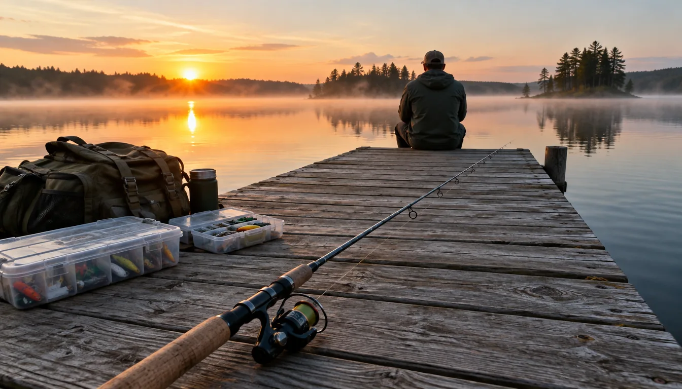 Fishing gear and equipment laid out on a lake dock at sunrise: rod, tackle boxes and pack