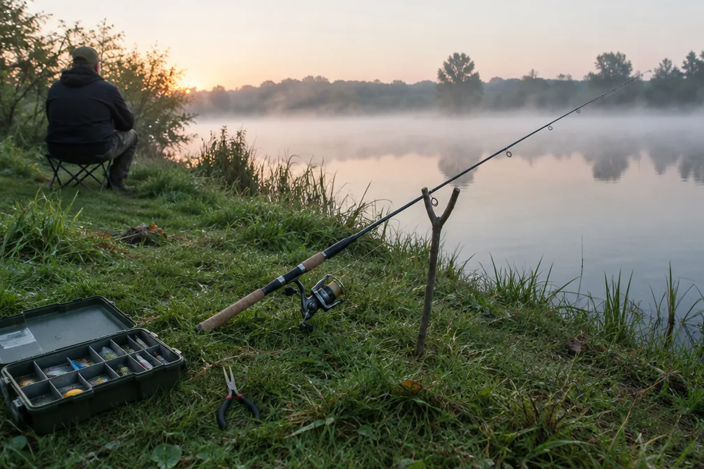 Rod and open tackle box on a pond bank at sunrise