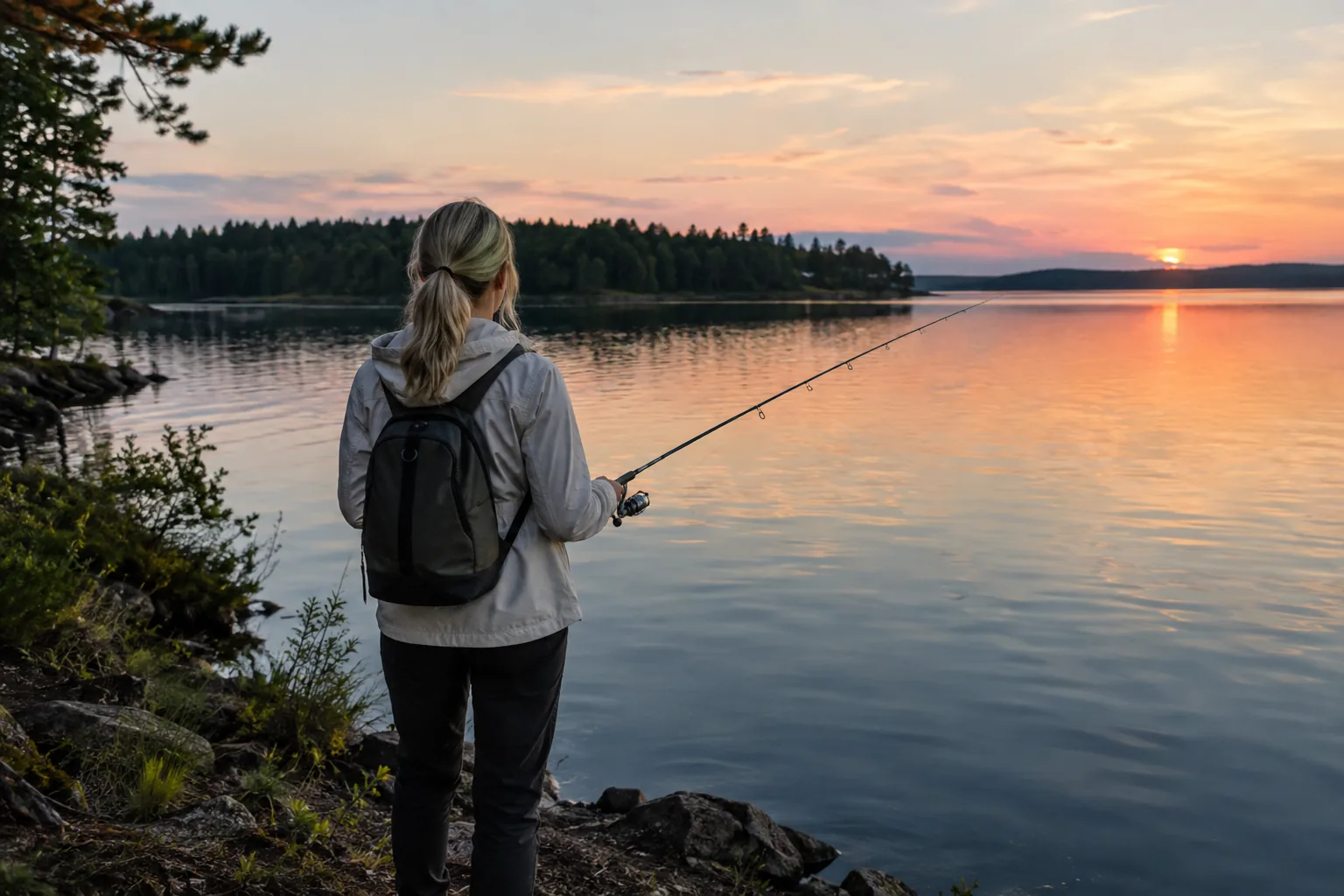 Angler on a lake shore at dusk with fishing gear and a small pack