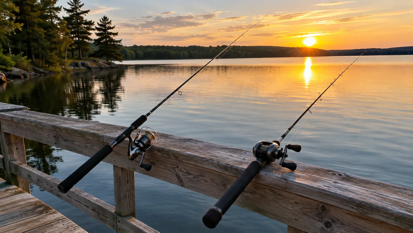 Two of the main fishing reel types, spinning and baitcasting, on rods resting on a lake dock