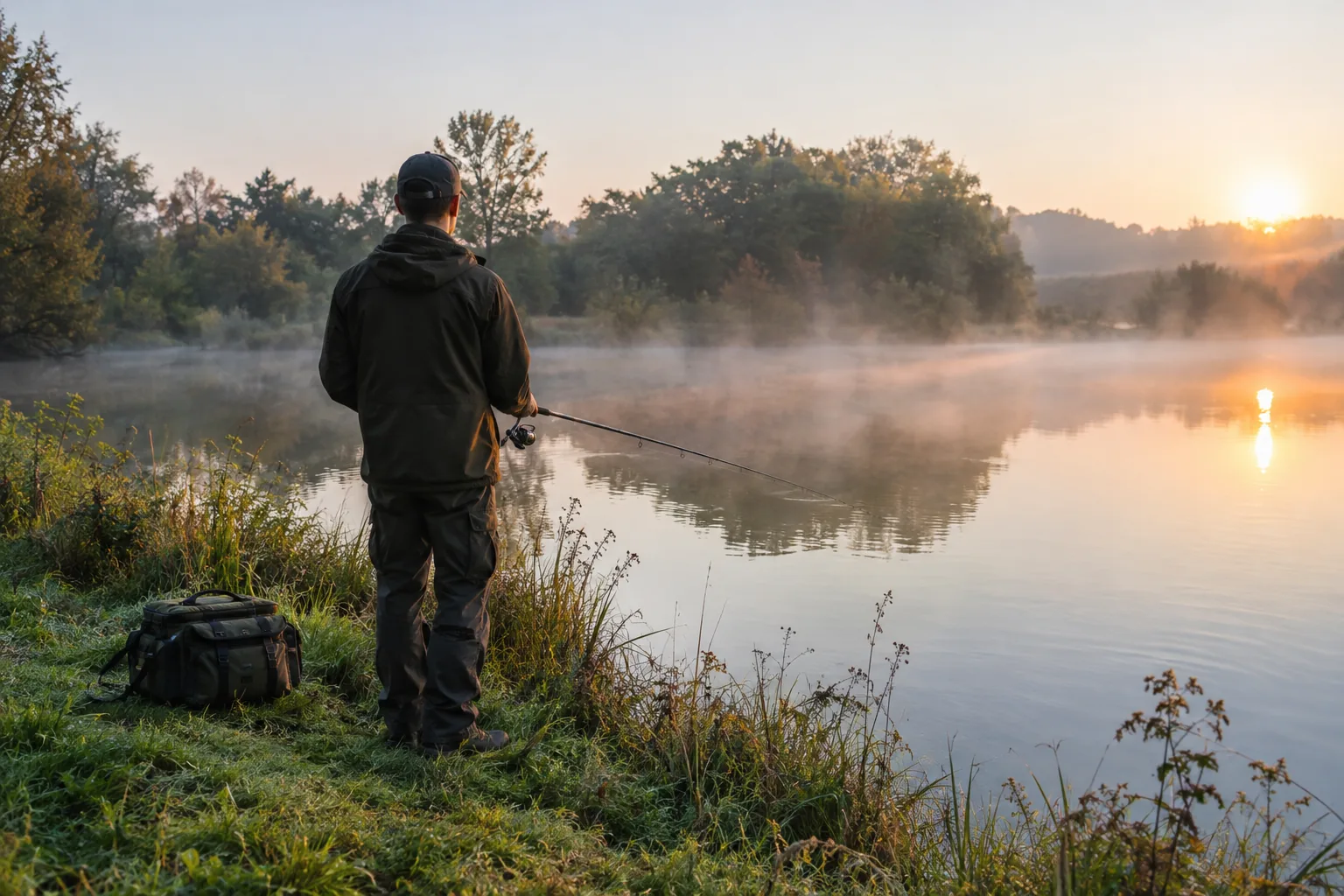 Angler on a pond bank holding a spinning rod at sunrise