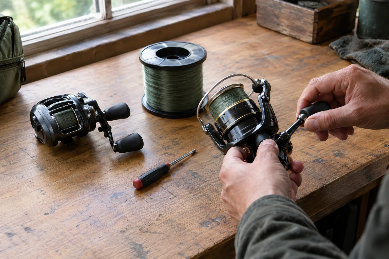 Spinning and baitcasting reels on a workbench being set up