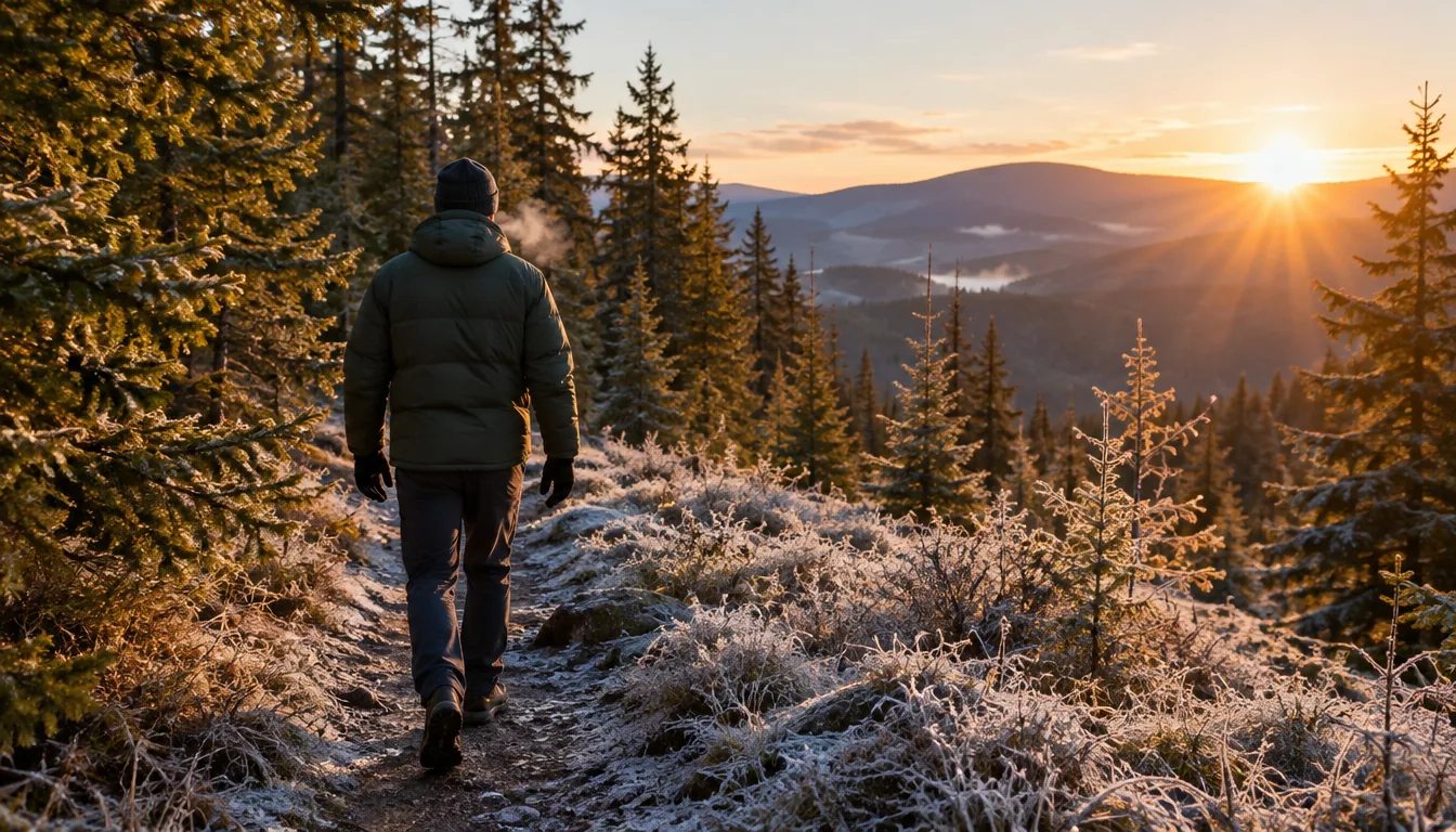 Man wearing a heated jacket, men's cut, on a frosty forest trail at sunrise