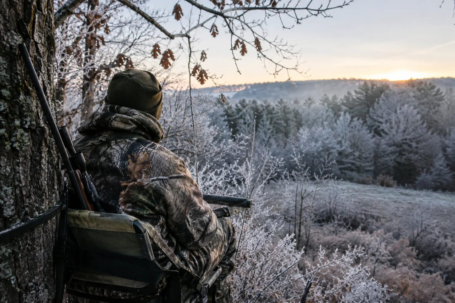 Hunter seen from behind in a tree stand on a cold morning, a setting for a heated jacket for men