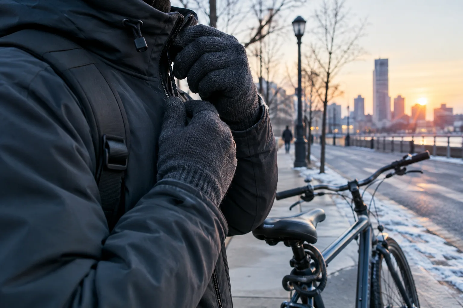 Commuter adjusting a jacket collar beside a bicycle on a cold morning