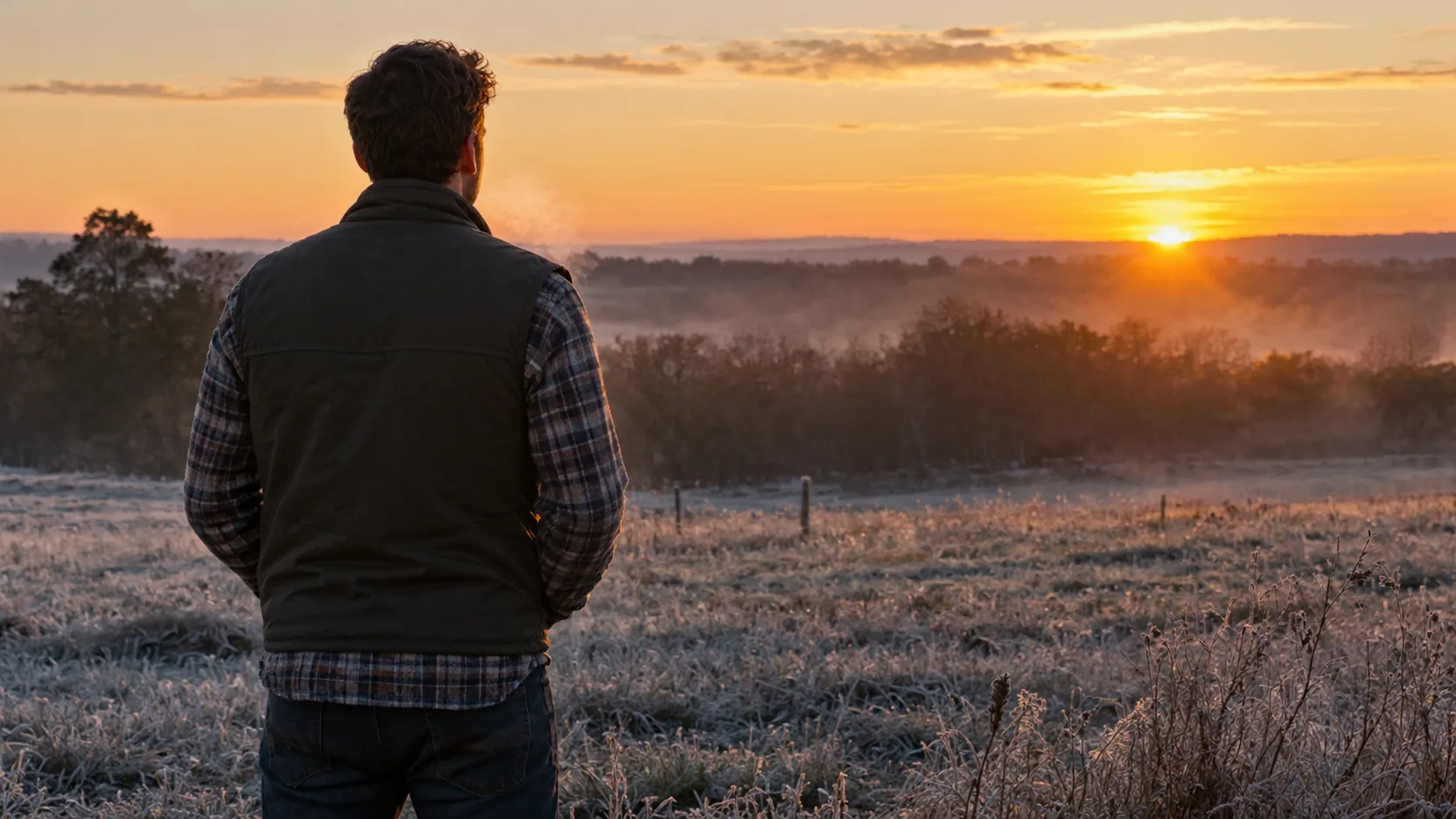 Heated vest men's layering: man in a vest over a flannel shirt in a frosty field at sunrise