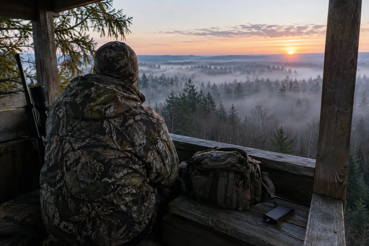 Hunter in a tree stand at dawn, a cold morning where a heated vest men's hunters wear can help