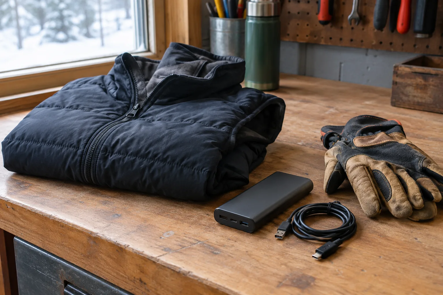 Heated vest men's pre-season check: folded vest, power bank and cable on a garage workbench
