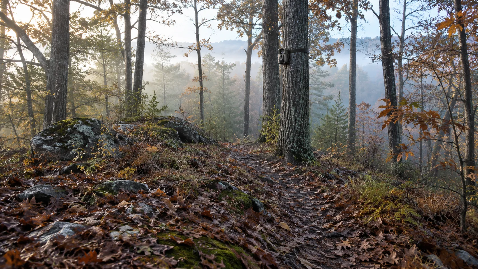 Deer trail through hardwoods with a camera strapped to an oak at sunrise