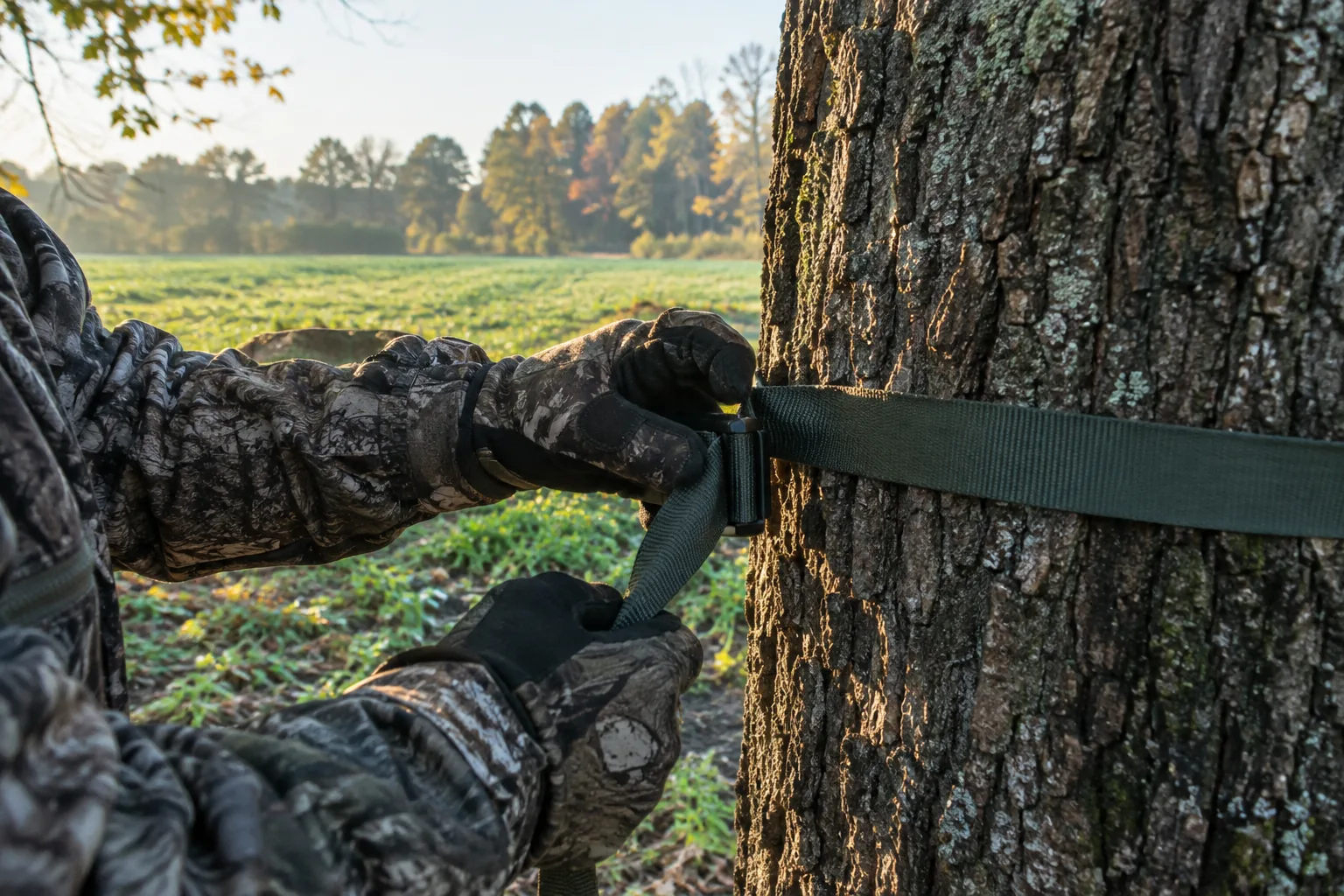 Gloved hands strapping a game camera to an oak trunk for trail camera hunting beside a food plot