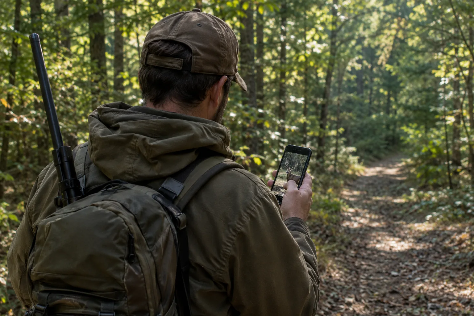 Hunter seen from behind looking at photos on a smartphone on a forest trail