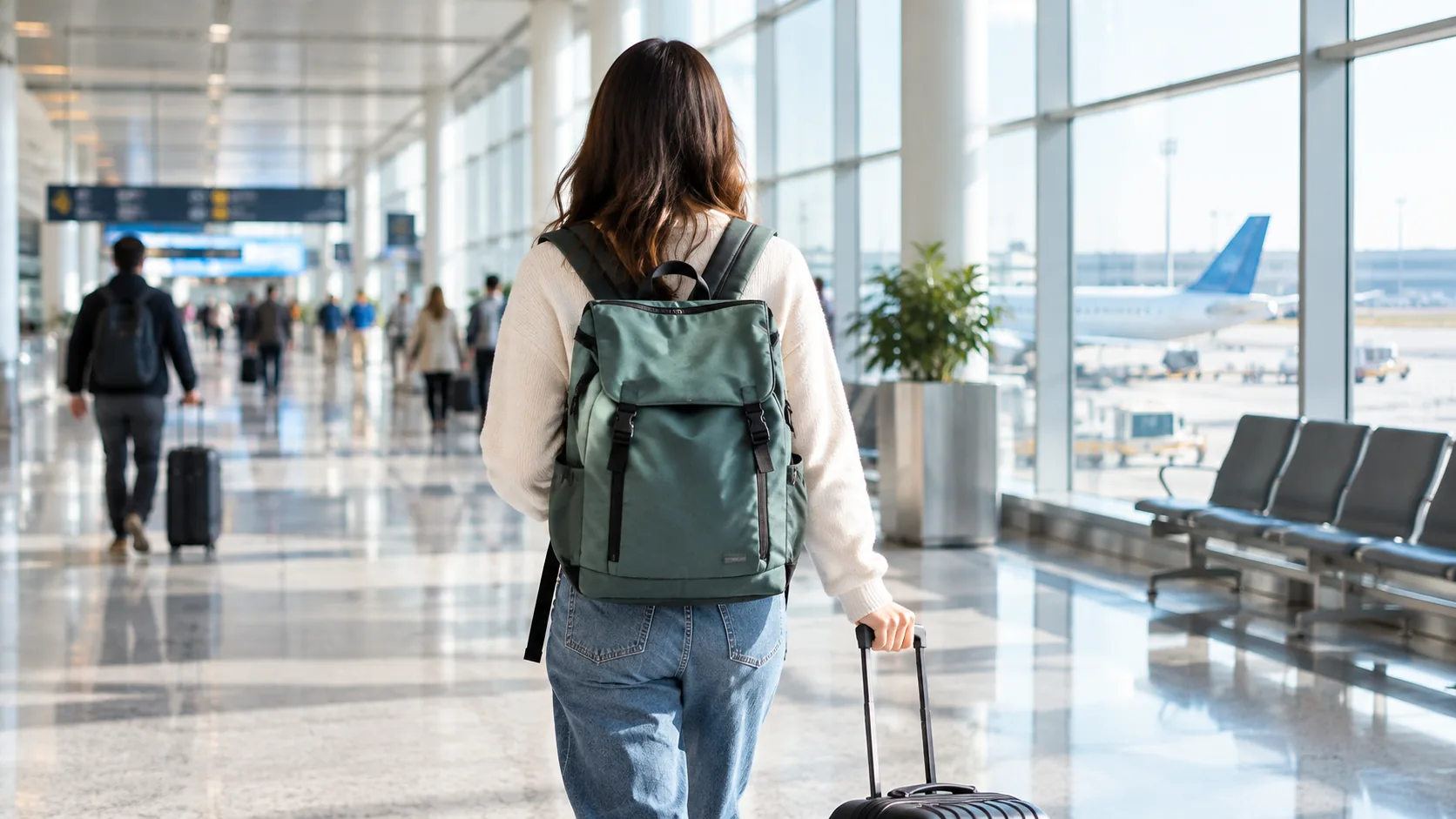 Traveler with a carry-on backpack walking through an airport concourse