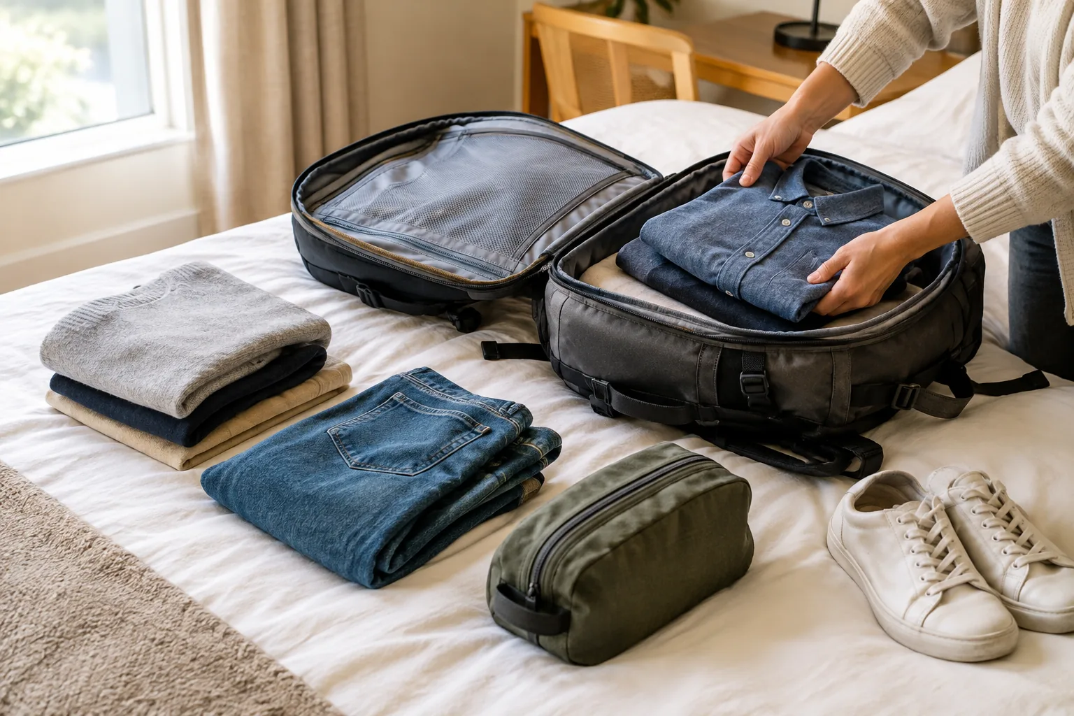Open travel backpack on a hotel bed with folded clothes and shoes arranged beside it