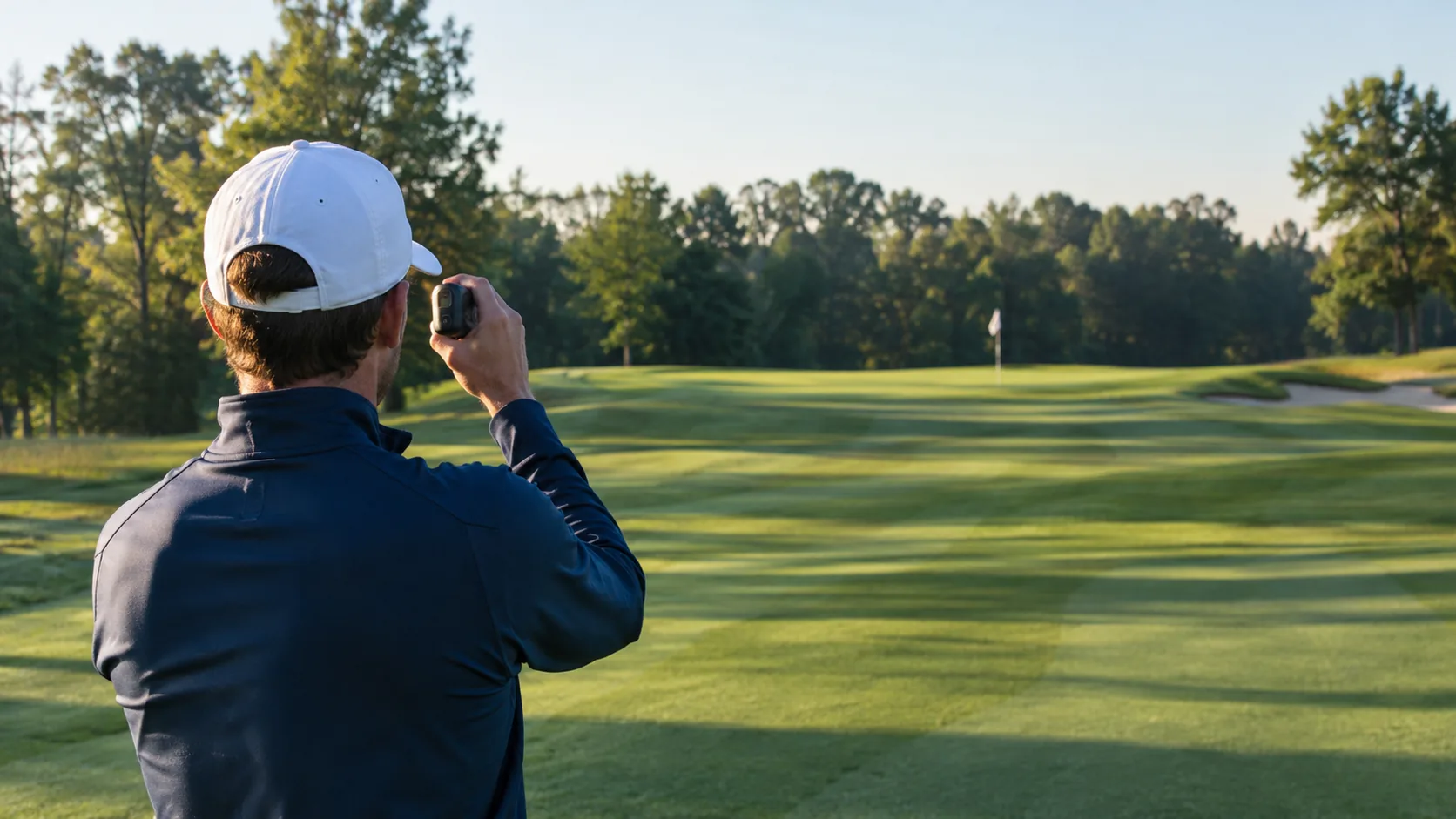 Golfer seen from behind using a rangefinder in golf to aim at a distant flag