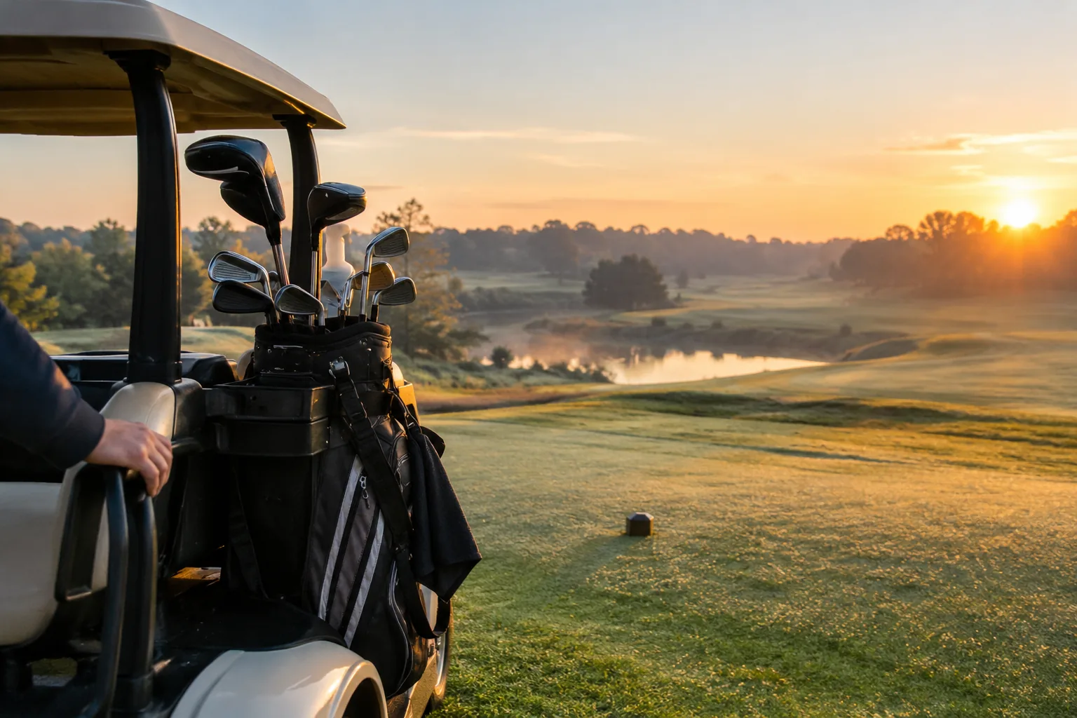 Golf cart parked at a tee box in early morning light