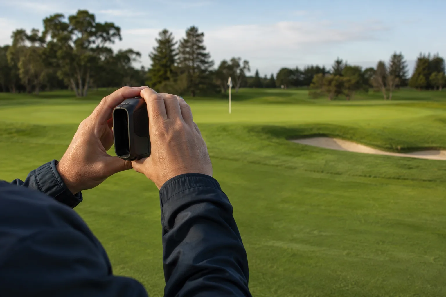 Hands holding a rangefinder in golf steady while aiming at a distant flag