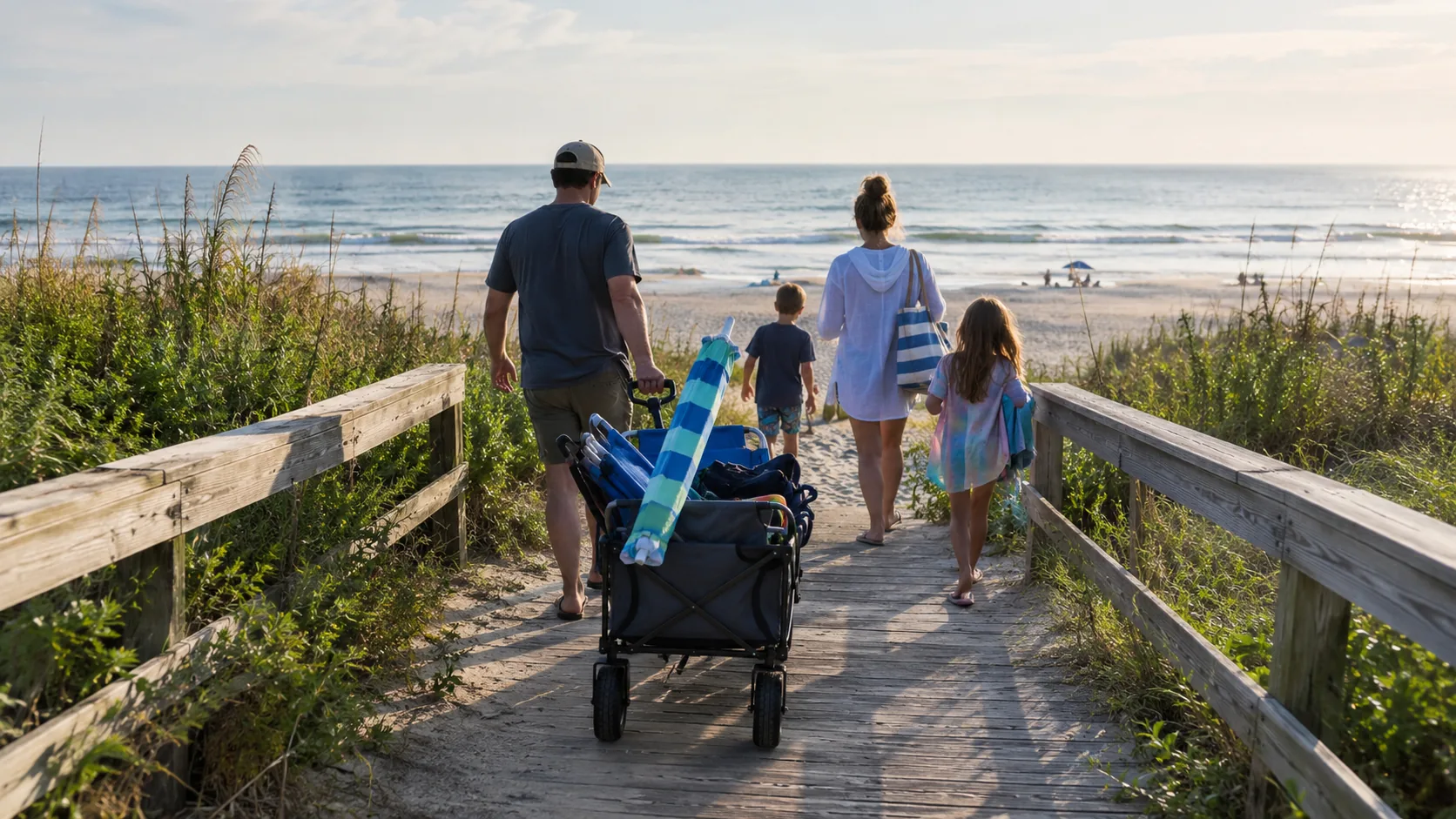 Family pulling a loaded wagon on the beach access path toward the sand