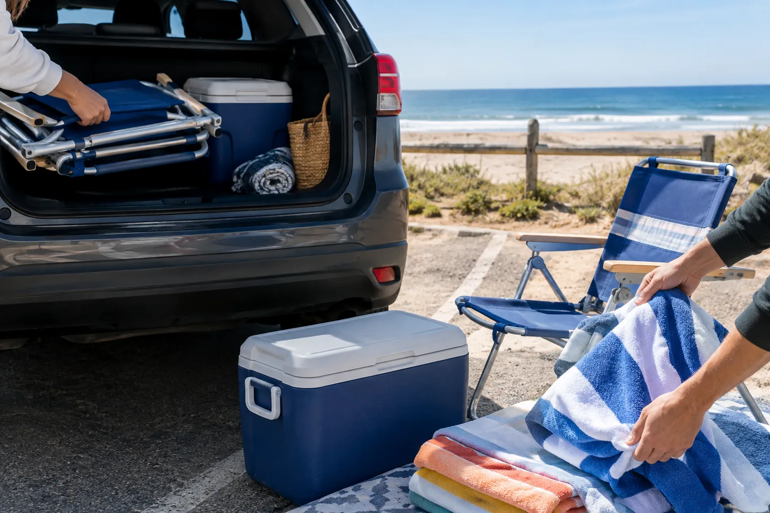 Beach gear laid out beside an open car trunk before loading